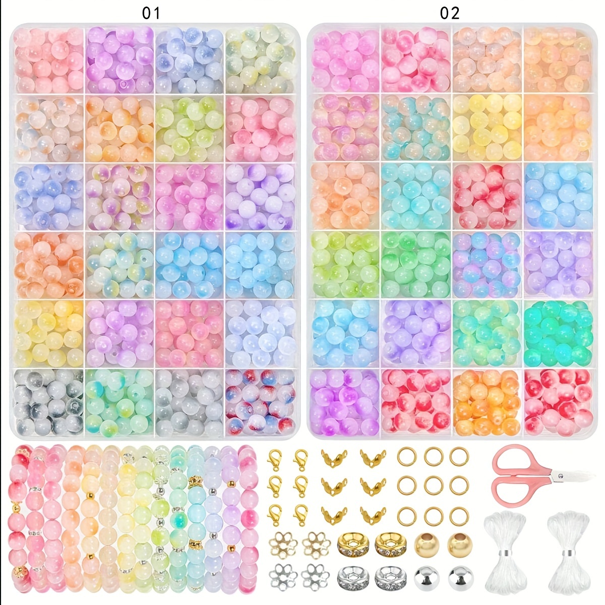 

Kit de 360pcs/720pcs de Perles de Verre Colorées de 8mm, Inclut des Ciseaux et une Élastique, Convient , , Artisanats et Cadeaux DIY