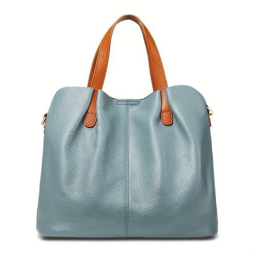 item picture Commuting Genuine Leather High-End Large Capacity Tote Bag Color-Block Top Layer Cowhide Women'S Niche Crossbody Handbag