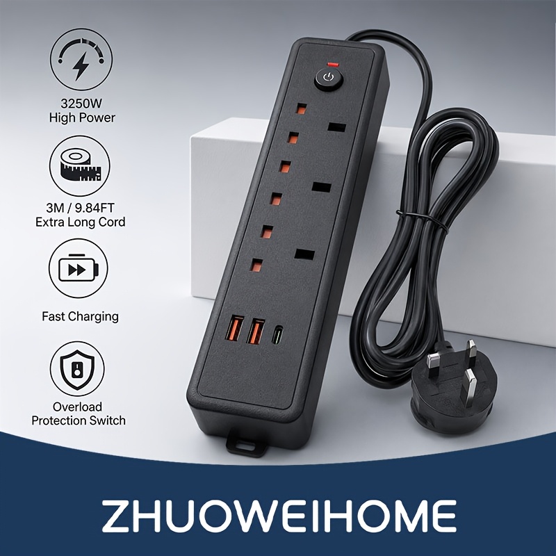 TEMU /9.84ft Uk Power Strip 3 Ac Outlets 2 Usb- Type-c Ports Protection Extension Lead With Switch For Home Office