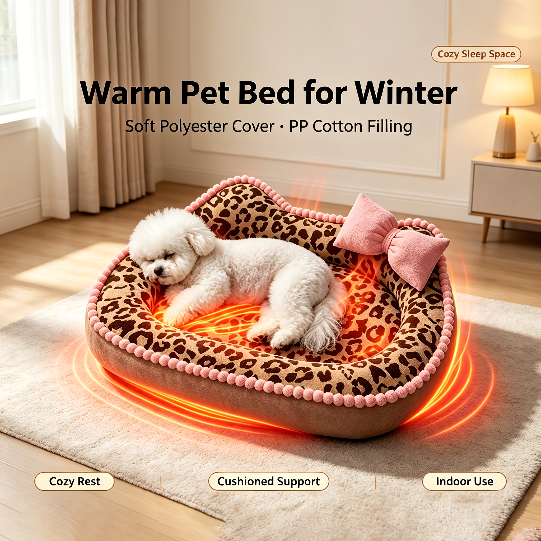 TEMU Large Thickened Winter Warm Leopard Print Bow Pet Bed Suitable For Small/medium Dogs And Cats, Plush Heat-retaining Bed With Bow Accent, Soft