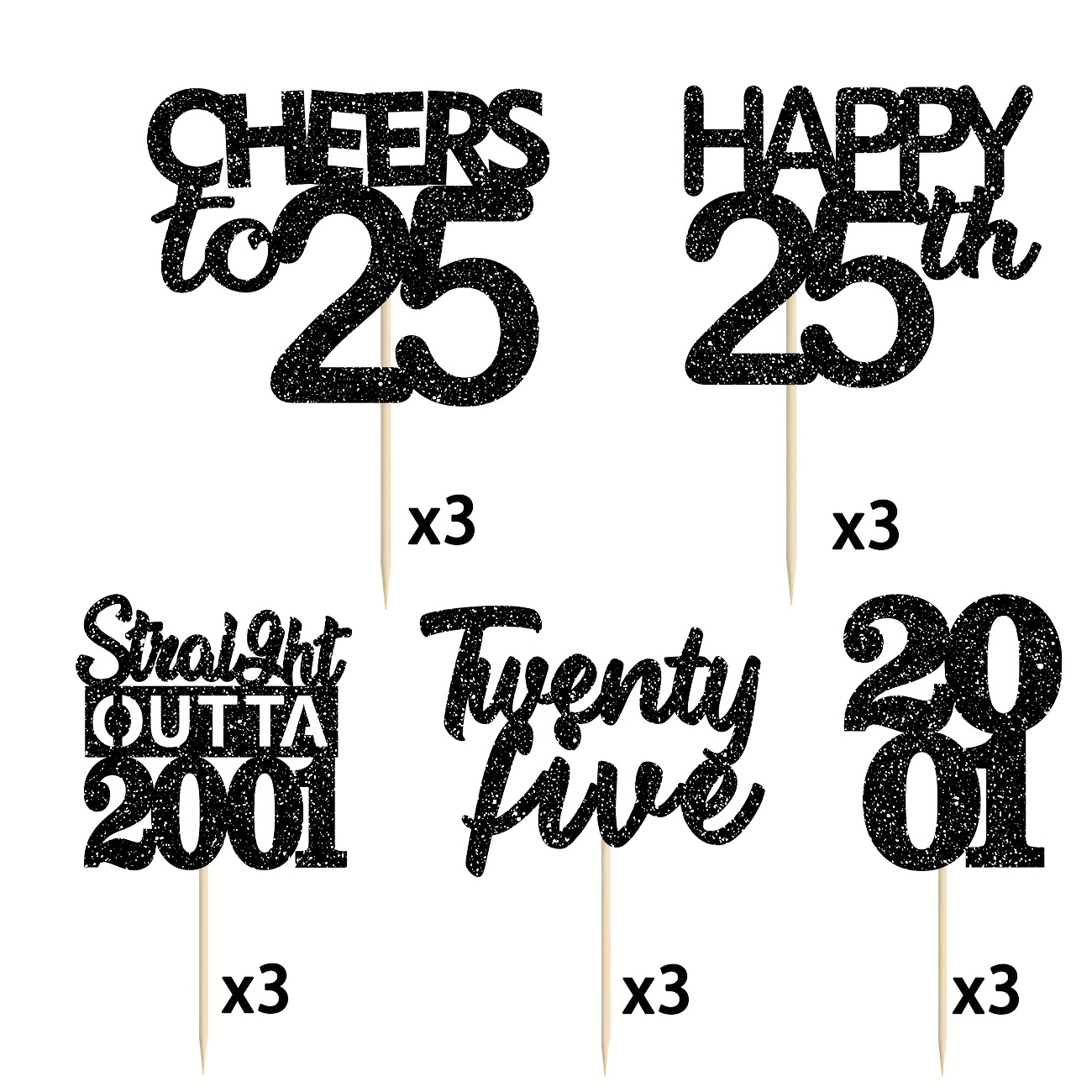 Image of 15pcs 25th Birthday Commemorative Cupcake Toppers, Sparkly Powdered Design, Suitable For Vintage 2001 Born "cheers To A Happy Birthday" Mini Cupcake Decorations
