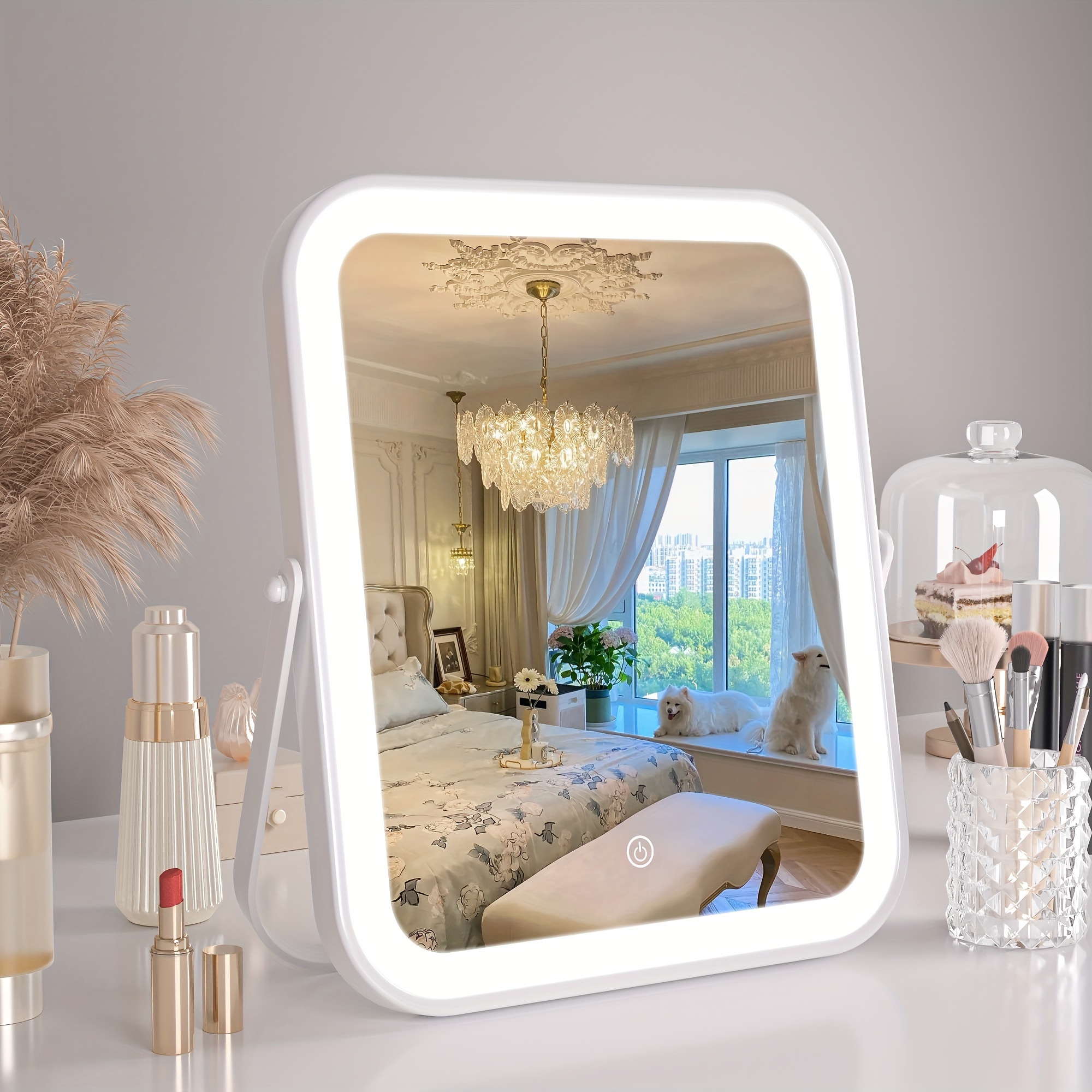 

1pc Hasipu Vanity Mirror With Lights, 10.5" X 11.5" Led Makeup Mirror, 3 Smart Touch Control Dimmable, 360°rotation, Modern White Frame Decor Gift