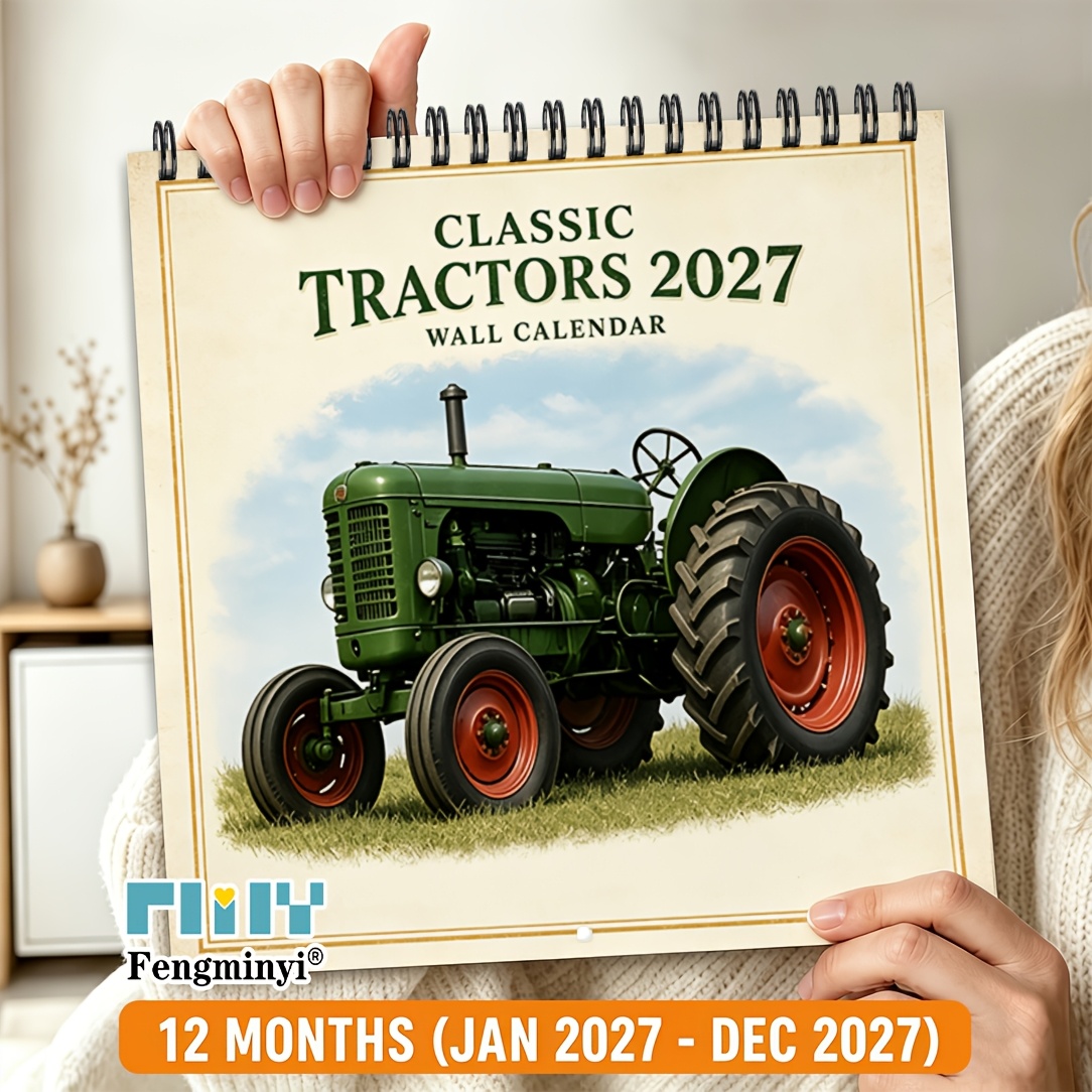 TEMU 2d Flat 1-book 2027 Double-coil Spiral Bound Wall Calendar - Farmhouse Tractor Themed Planner, 12-month Calendar, Suitable For Office,