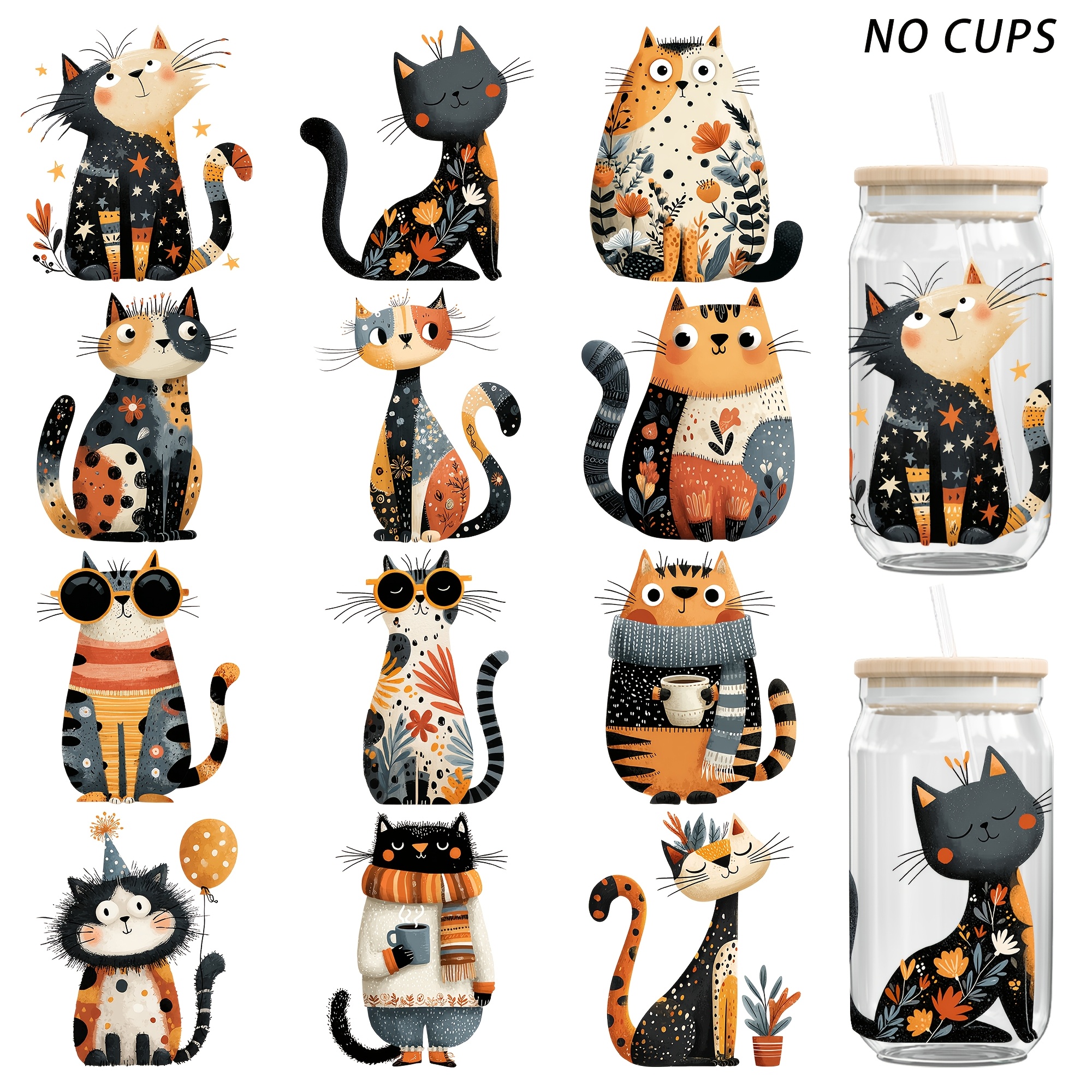 TEMU Uv Dtf Tumbler Transfer - 12 Quirky Cat-themed Waterproof 16oz Glass Jar Mug Diy Transfer, Uv Dtf High- Transfer Paper, Suitable For Cups,