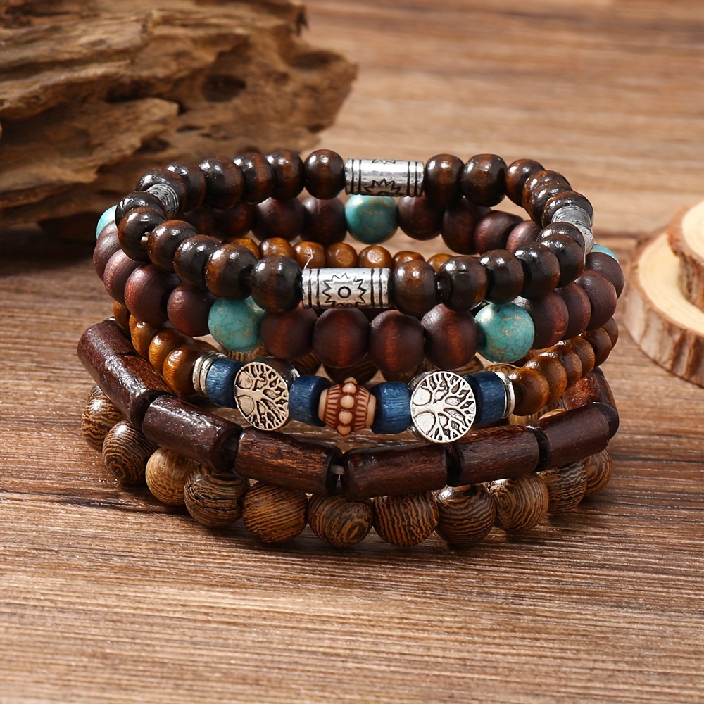 

5pcs Men's Cool Beaded Bracelet, Multicolor Wooden Beads Tree Of With Fashionable And Creative Thanksgiving Gift Accessories