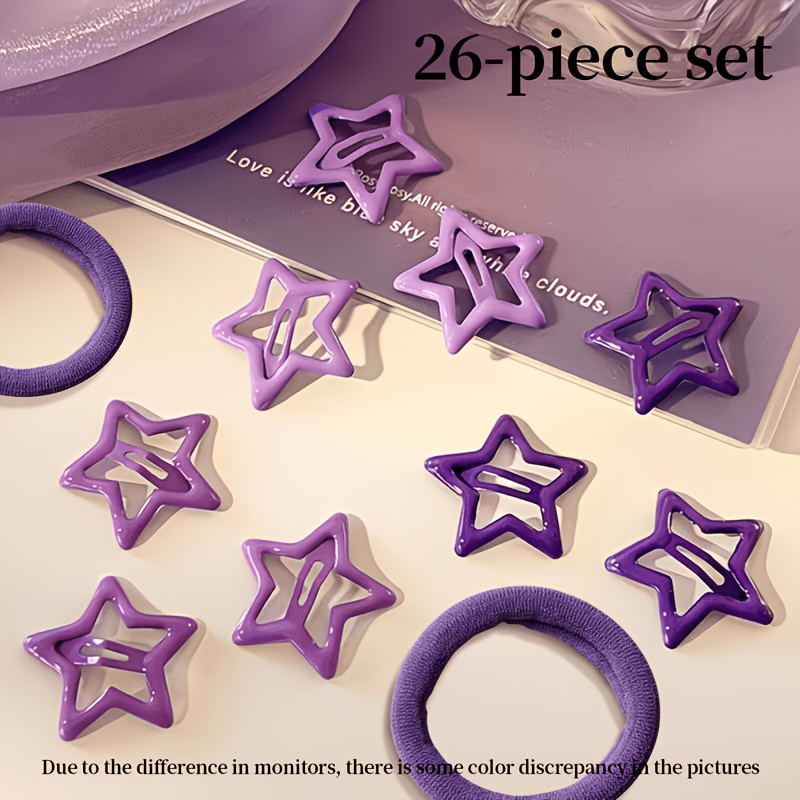 TEMU 26pcs Star Hair Clips + Hair Ties Set, Ins-style Taro Purple Star Hair Clips, Hollow Five-pointed Star Single-prong Bb Clips, Side Bang Styling