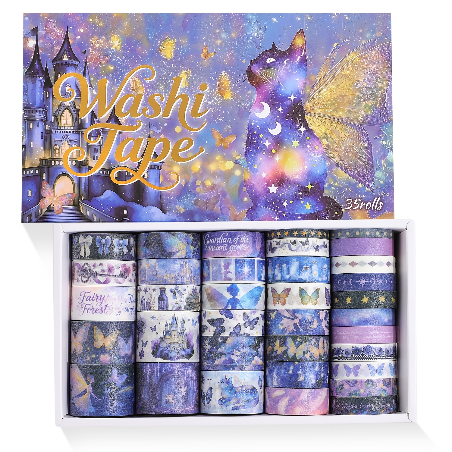 TEMU 35 Rolls Purple Washi Tape Set | Film, Cute Cat Designs, Fairycore Decorative Tapes For Scrapbooking, Journaling & Crafting, 5-30mm Wide