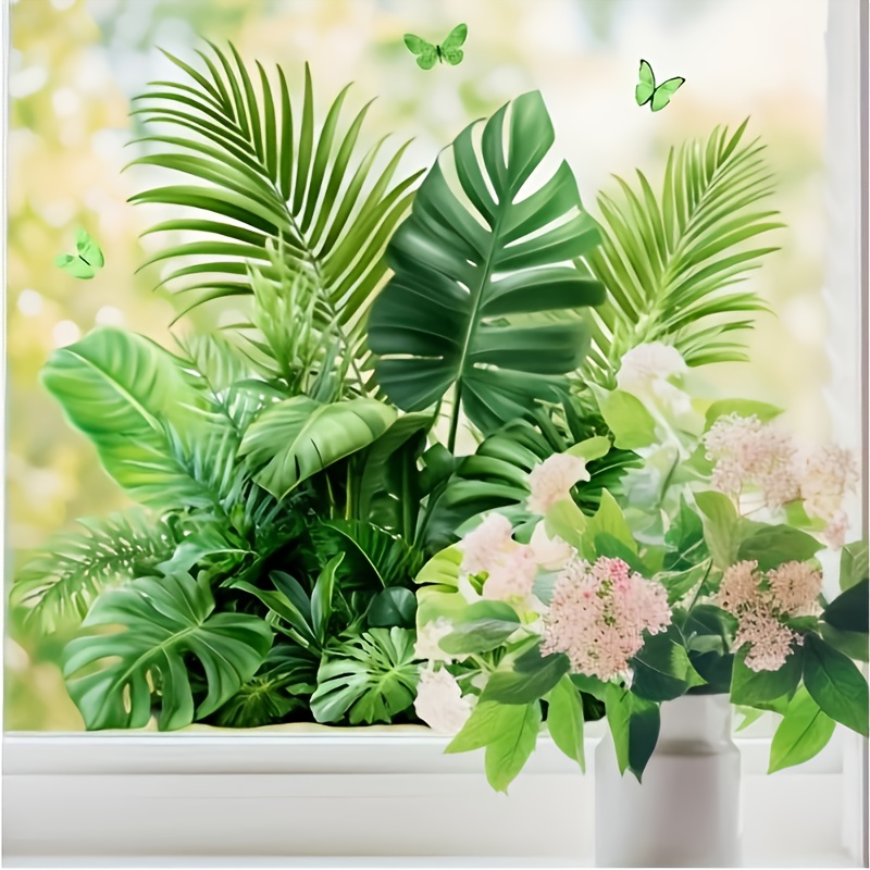E-shop 1 Stück Realistische Monstera-Blatt & Grüner Schmetterling Fensterfolie - Selbstklebende PVC-Glasfolie für Türen, Duschabtrennungen - Moderne