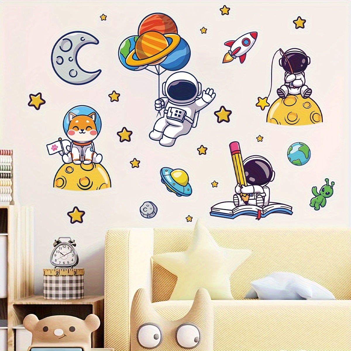 

Brup Glam Astronaut With Planets Balloons Vinyl Wall Sticker - 1pc, Self-adhesive Space-themed Wall Decal, Semi-matte Finish, Rectangle, Single-use Decor For Bedrooms And Living Rooms