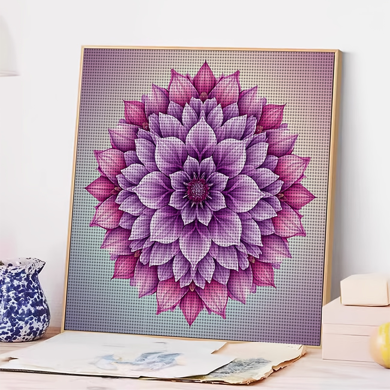 Frameless Cross Stitch Printed Kit with Purple Gradient Mandala Flower Design