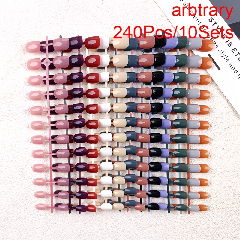 TEMU 240pcs 10 Strips Short Squoval Press On Nails, Assorted Solid Glossy Fake Nails, Same Shape Random Mixed Different Colors, Durable Easy On False