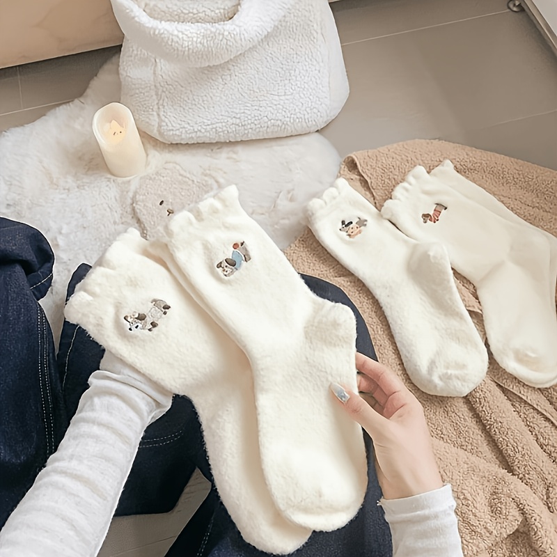 TEMU 4 Paar Socken, Herbst Winter Fleece Dicke Warme Socken, Japanische Niedliche Verspielte Cartoon Plüsch Wursthund Mid-Calf Socken
