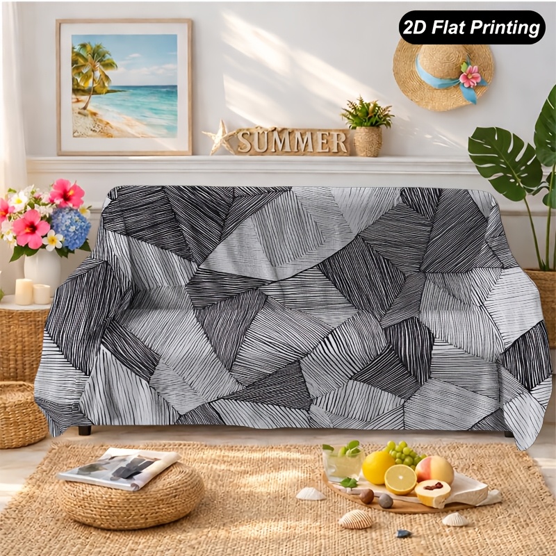 TEMU 1pc 2d Flat Printed Summer Sofa Cover Gray Black Geometric Fits 1-4 Seater Sofas For Living Room, Bedroom, Office & Summer Decor Xt314sfj87, 2d