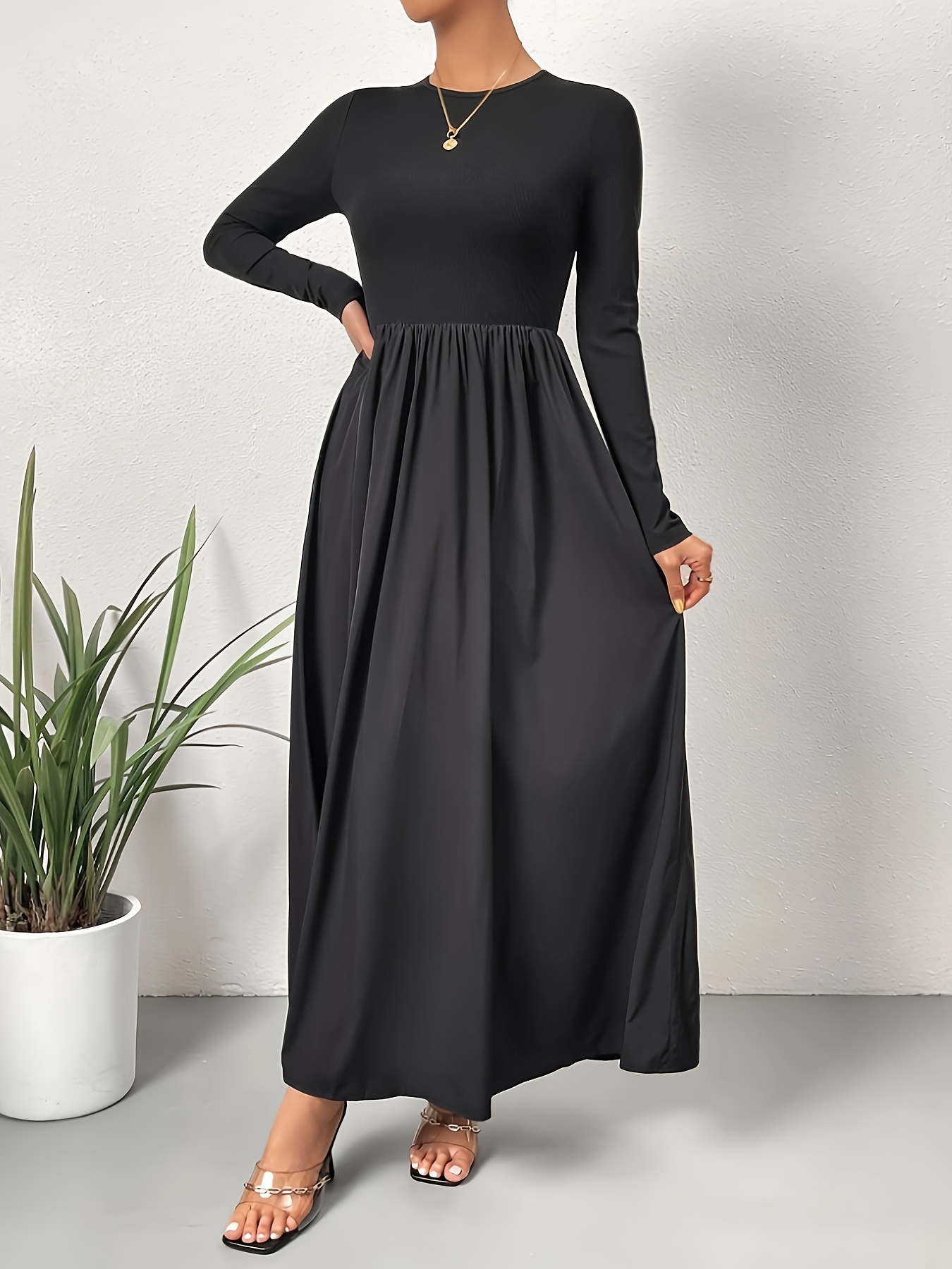 elegant solid color maxi dress a line length gown round neck - Temu