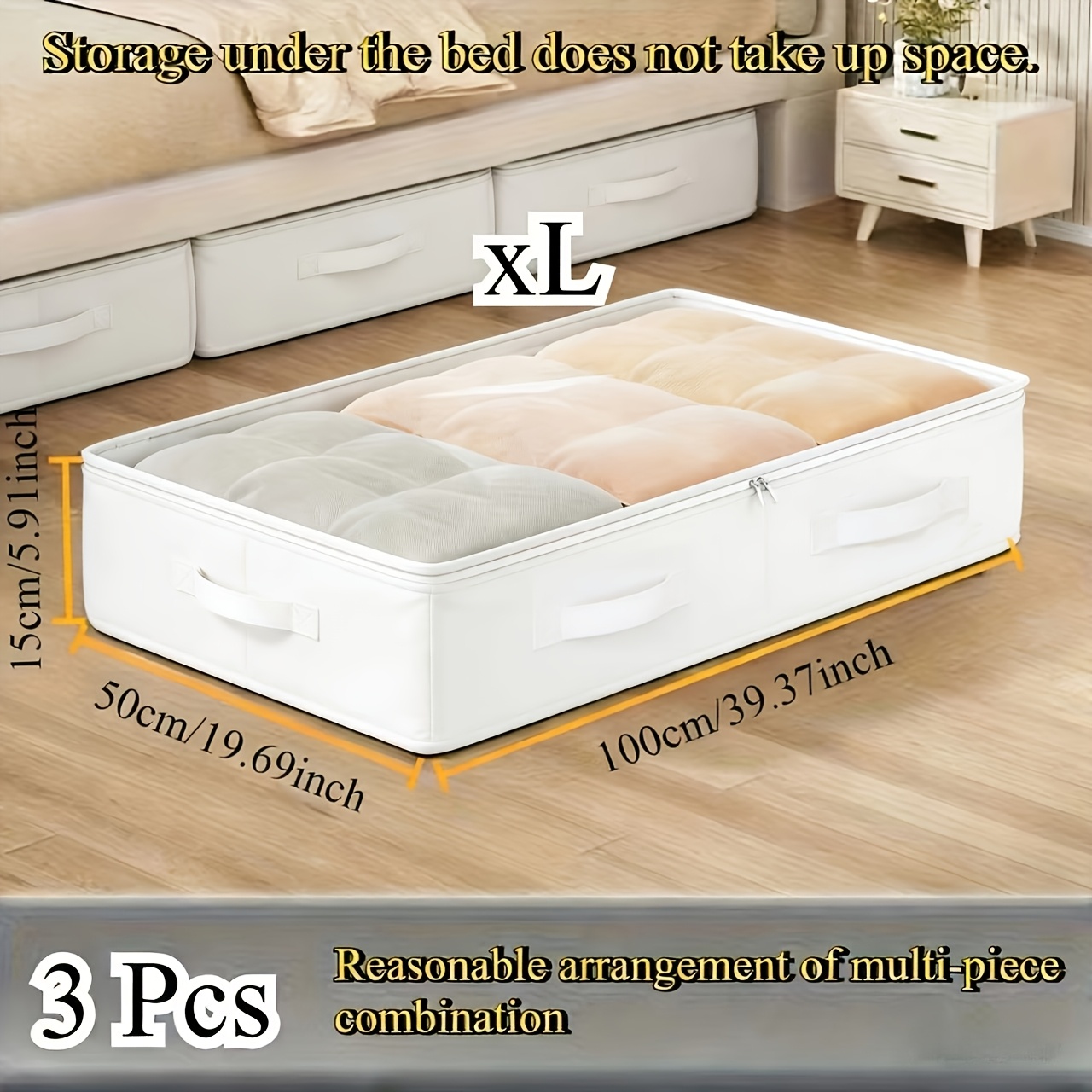 E-shop 3er-Pack weiße zusammenklappbare Aufbewahrungsboxen – platzsparend für unter dem Bett & Schrank, vielseitige Organizer für Decken, Kleider,