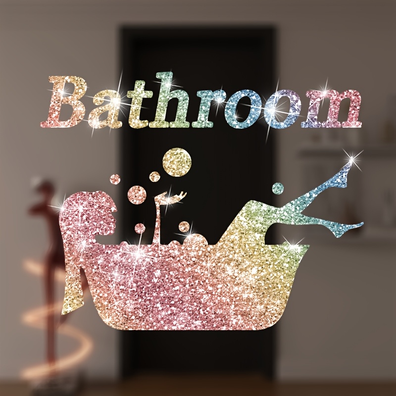 Image of Shiny Bathroom Sticker Sign, Bathroom Home Door Glitter Sticker, Removable Without Leaving Glue, Room Sticker
