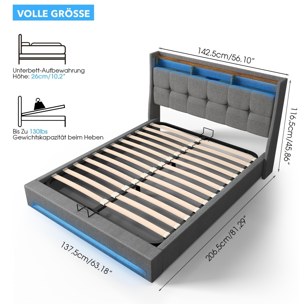 Upholstered Double Bed Slatted Frame Lift Bed Frame And Bedside With Storage Space, Modern Bed Frame With Led Light Strips, Wireless Control Adjustable Lighting, 140 X 200 Cm, Grey