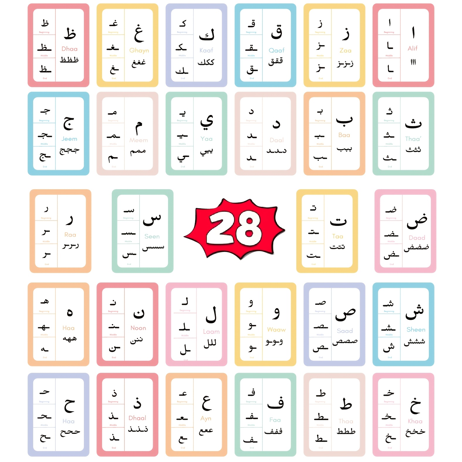 28 Arabic Alphabet & Word Flash Cards - Color-coded Language Learning Cards With English Suitable For Beginners,, - Ideal For , Teachers, Arabic Class - Holiday & (28-card Deck)