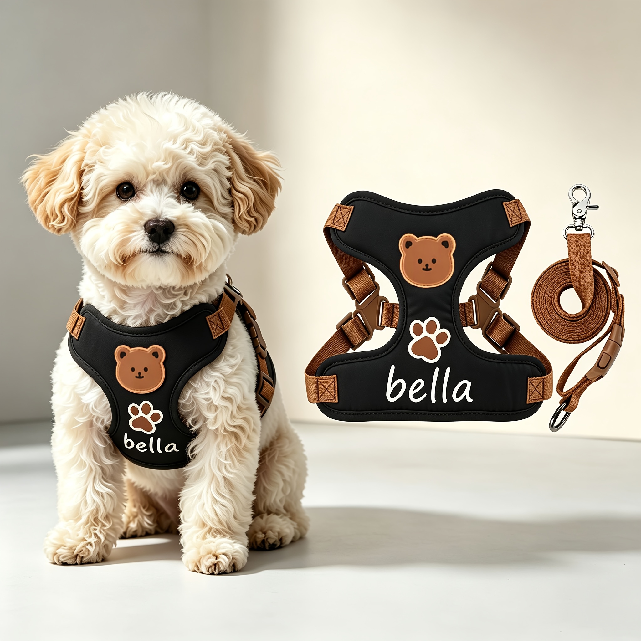 TEMU Adjustable Lightweight Breathable Anti-escape Dog Harness & Leash System With Bear Pattern Vest - Suitable For Cats And Dogs, Matching Leash For