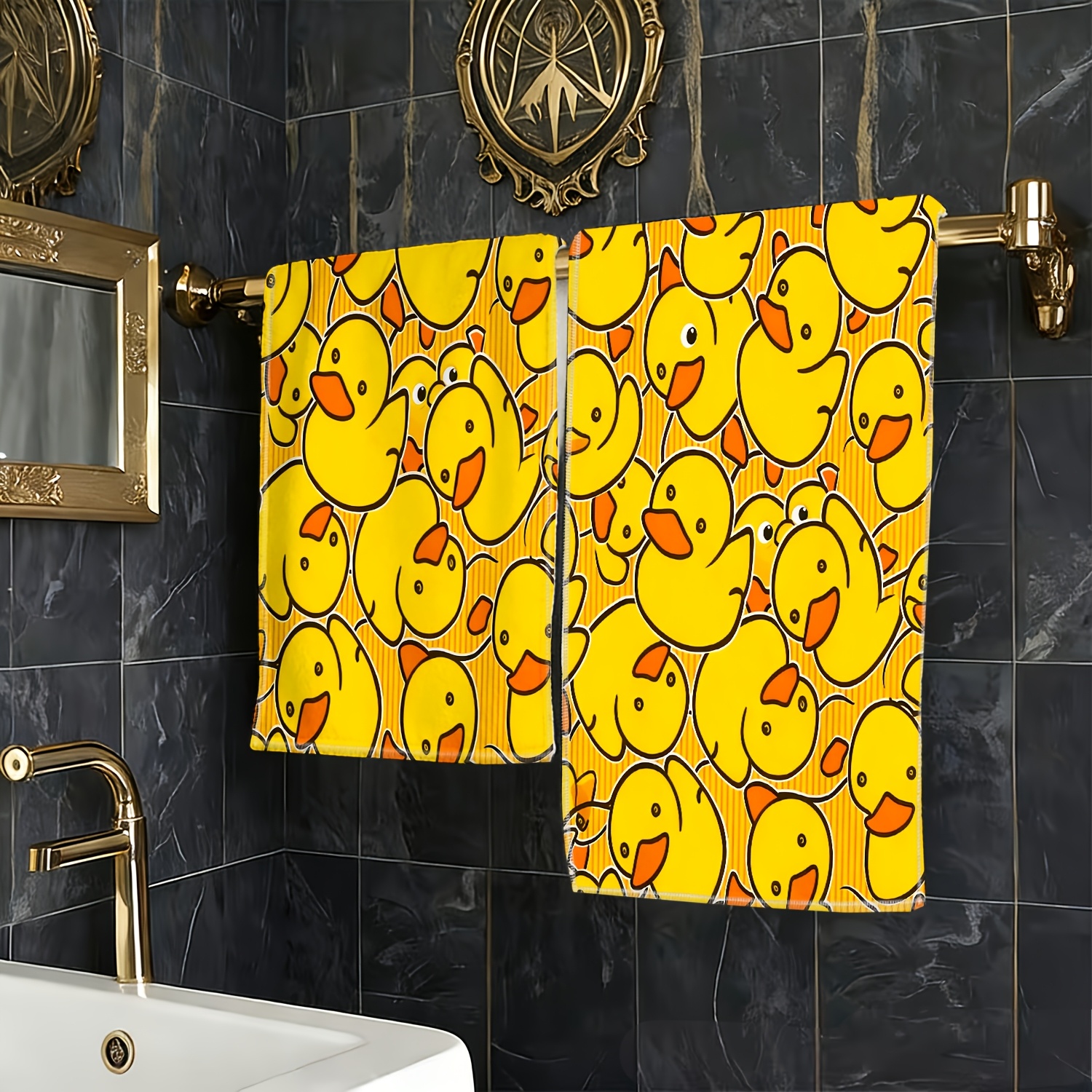 TEMU 1pc Yellow Duck Fun Stacking Theme Pattern Printed Hand Towel - Soft Absorbent Kitchen-bathroom Towel, Modern Home Decor, Housewarming Gift,