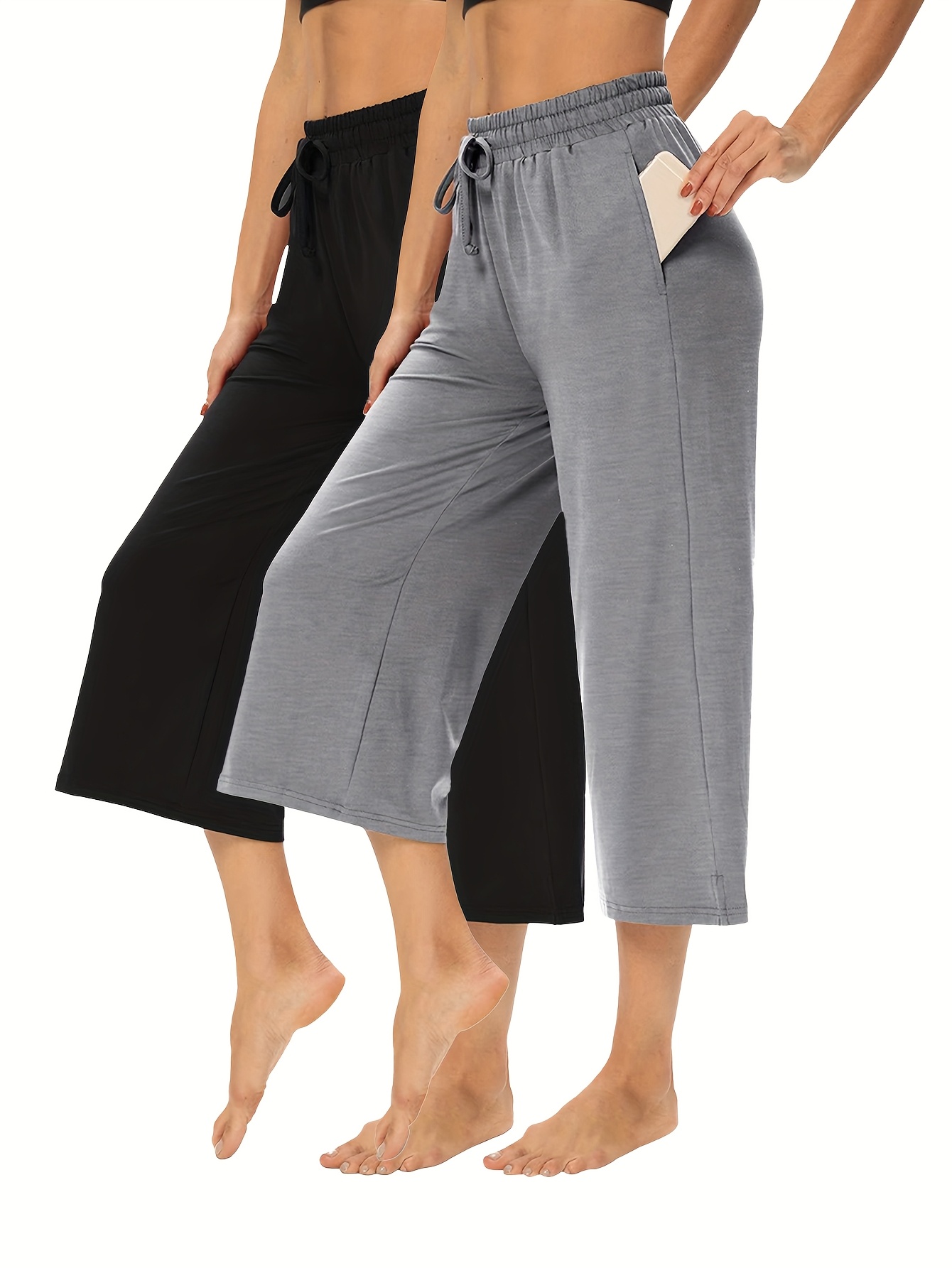 2pcs plus size womens drawstring capri pants breathable stretchy yoga trousers with pockets loose   pants for summer fitness hiking outdoor activities machine washable yoga pants