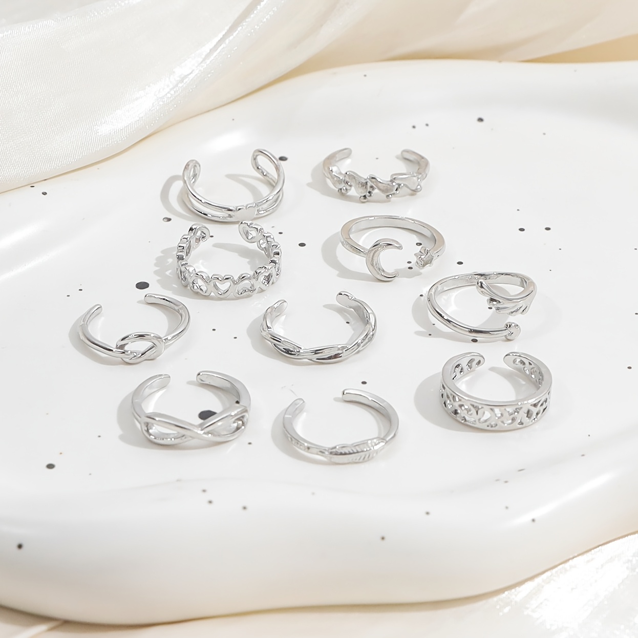 TEMU 10pcs Set Alloy Toe Ring Set, Non-adjustable Rings, Simple And Versatile Sexy Heart Infinity Symbol Star Moon Leaf Toe Ring Set, Beach Toe Ring