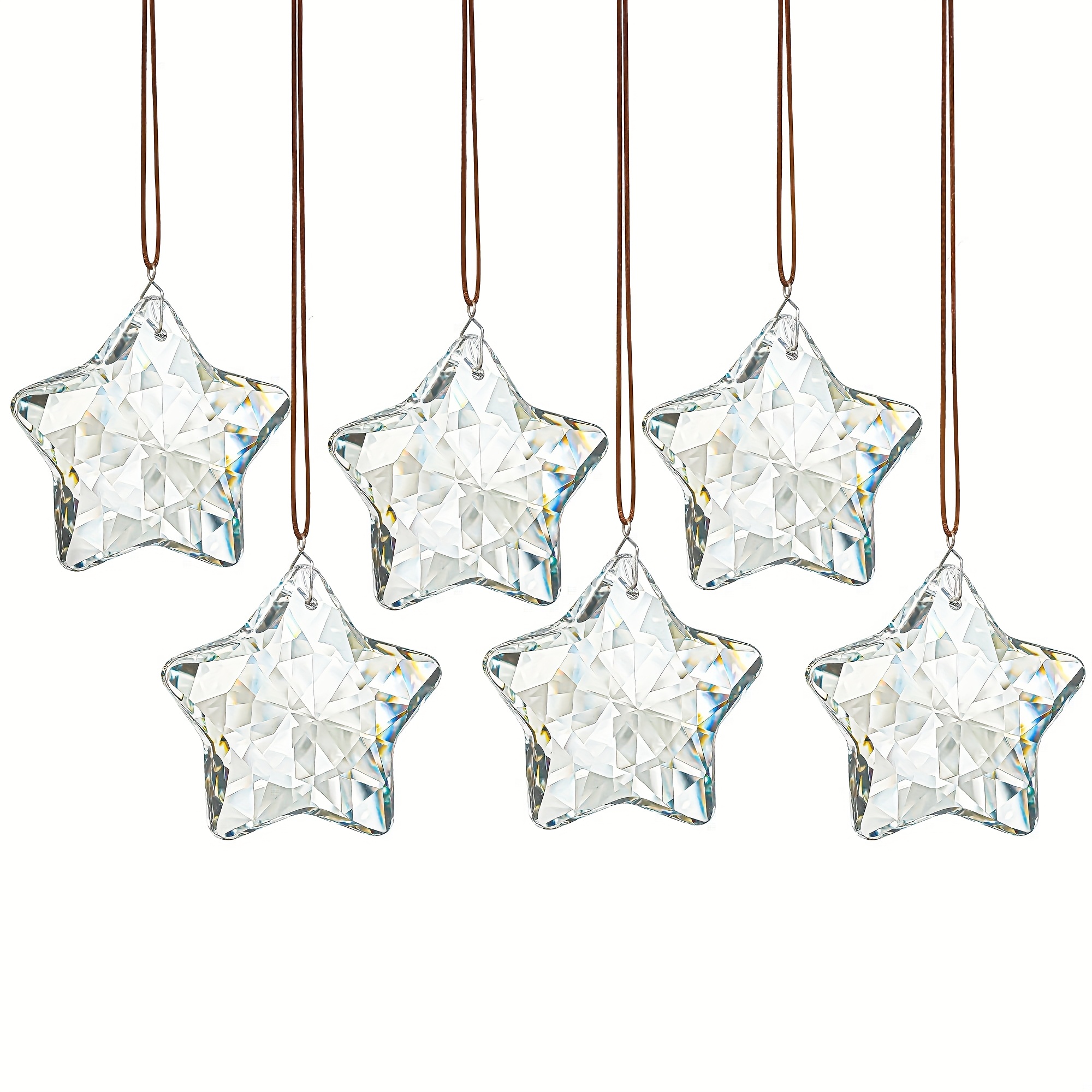 E-shop 6er-Set Kristall-Sonnenaufhänger - Transparente, geschnittene Glas--Ornamente, Sternanhänger für Winter-Neujahrs-Partys, festliche