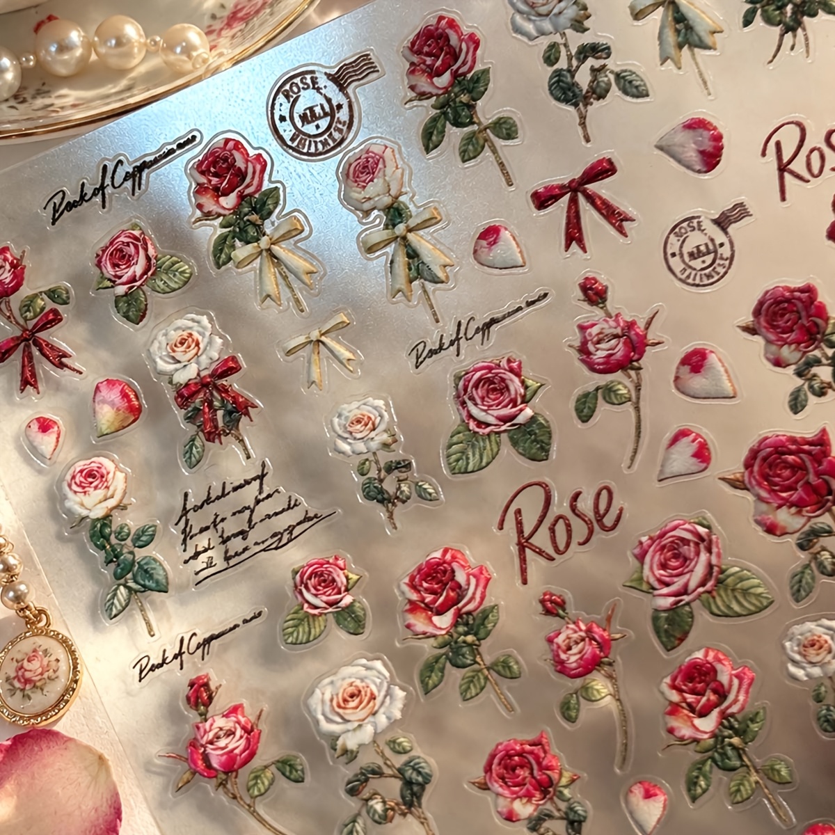 TEMU Calcomanías para uñas con rosas vintage en relieve 5D, calcomanías románticas de uñas florales con rosas, , corazones y caligrafía, decoraciones
