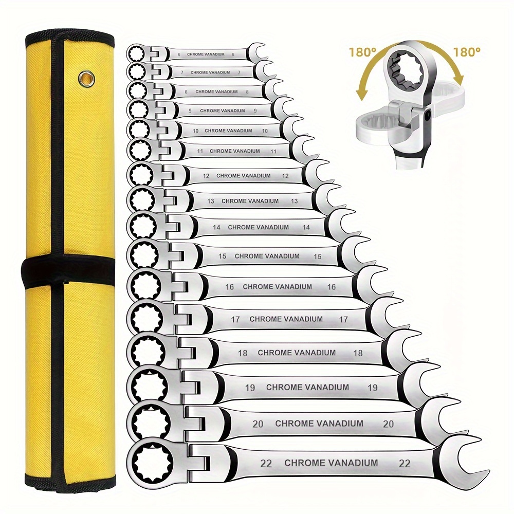 

8pcs Steel Ratchet Wrench Set With Adjustable Head - Quick Release, No Required - Includes Yellow Carry Bag