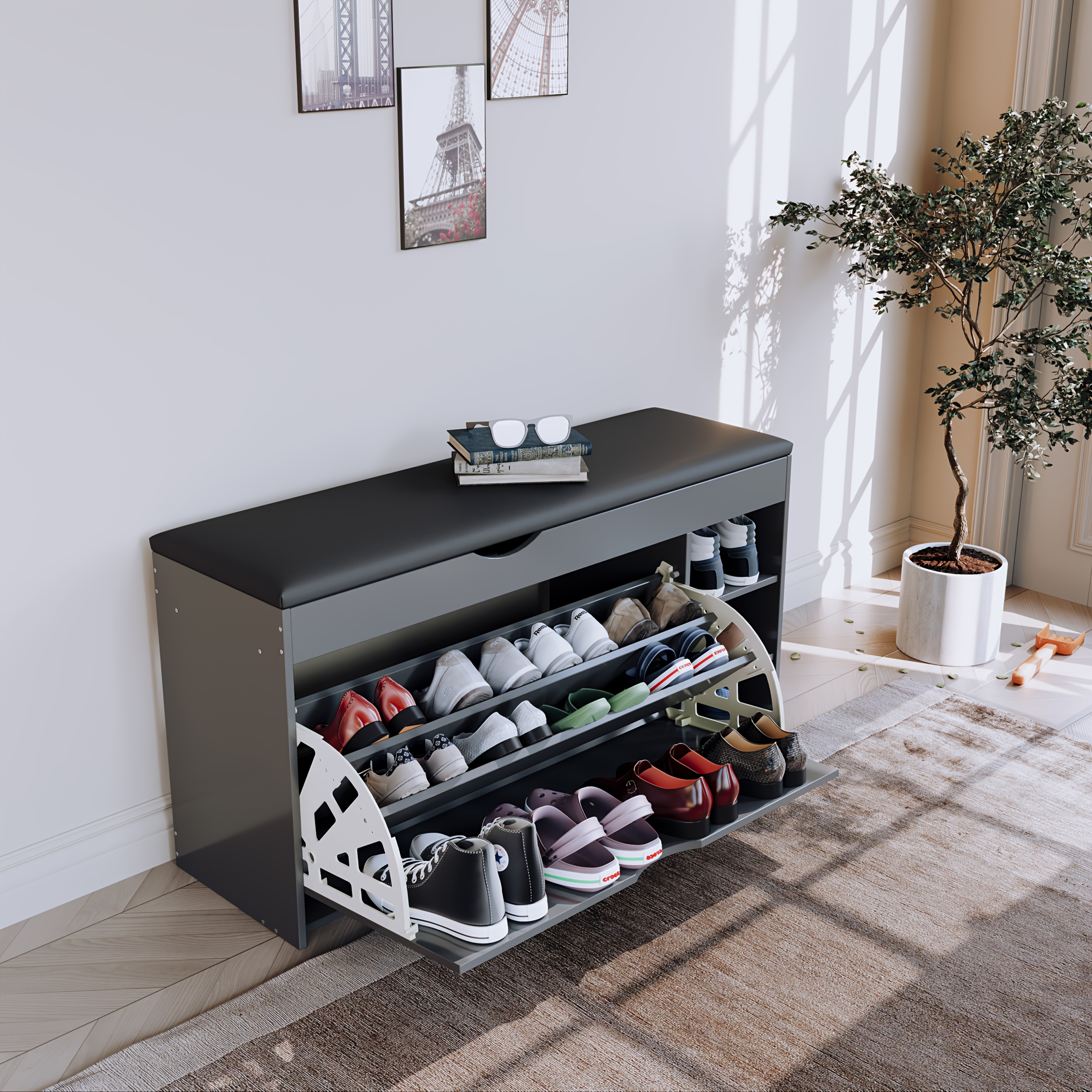 Classic Shoe Rack with Bench Drawers Foldable Shoe Storage  Organizer for Entryway, Hallway, Apartment Hardwood MDF