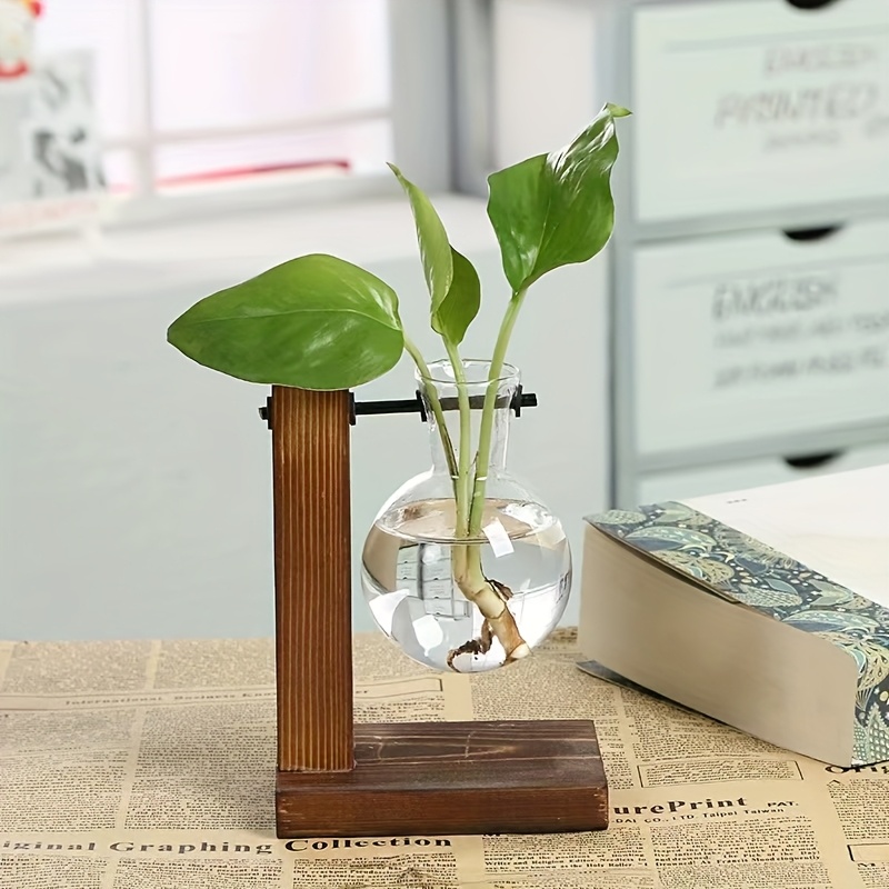 Växtterrarium med träram, Glasplanterare, Luftväxtbulb glasvas, Metallhållare, Glasväxtbulbvas, Vintage bordsskiva, Glasbehållare för växter för hydroponisk växt, Hemkontor, Skrivbordsdekoration