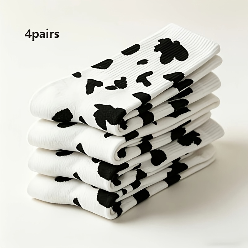 TEMU 4-pair Vintage Black And Print Women's Socks, Striped Black Versatile Mid-calf Socks