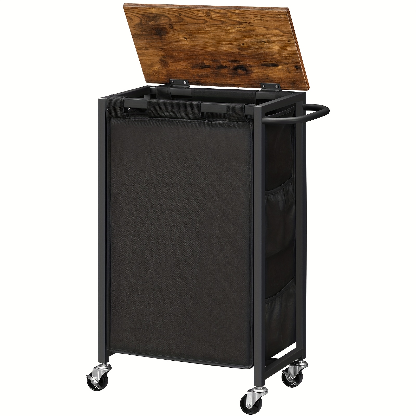 Image of Rustic Brown And Black, Slim Laundry Hamper With Lid, 11gal Rolling Laundry Basket With Wheels, Laundry Sorter With Side Pockets And Handle, Oxford Fabric Bag, Space-saving, Laundry Hampers