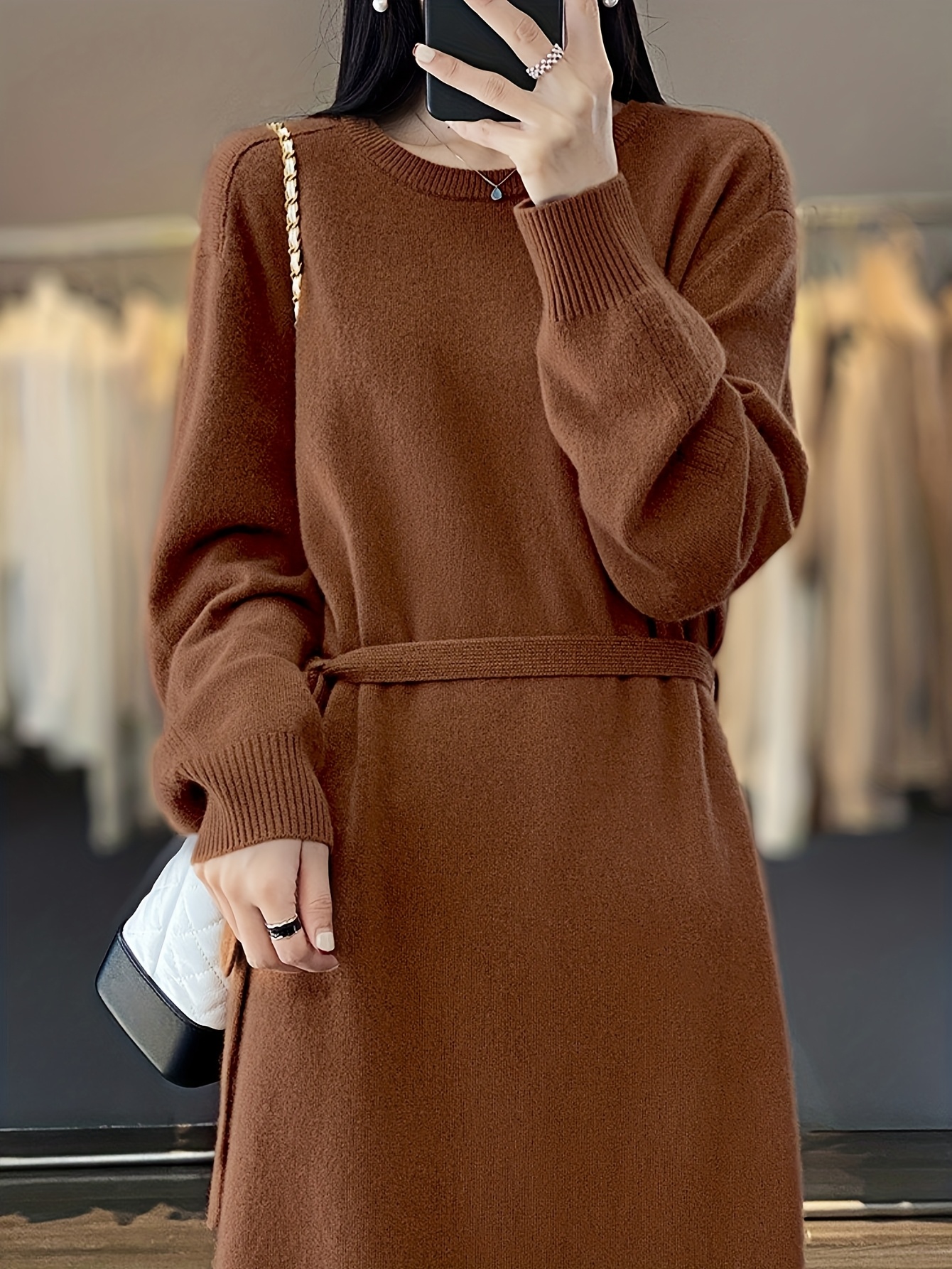 navy blue dress for baby girl French Solid Color Lace-Up Round Neck Sweater Dress Women'S Autumn And  Winter New Style Base Dress