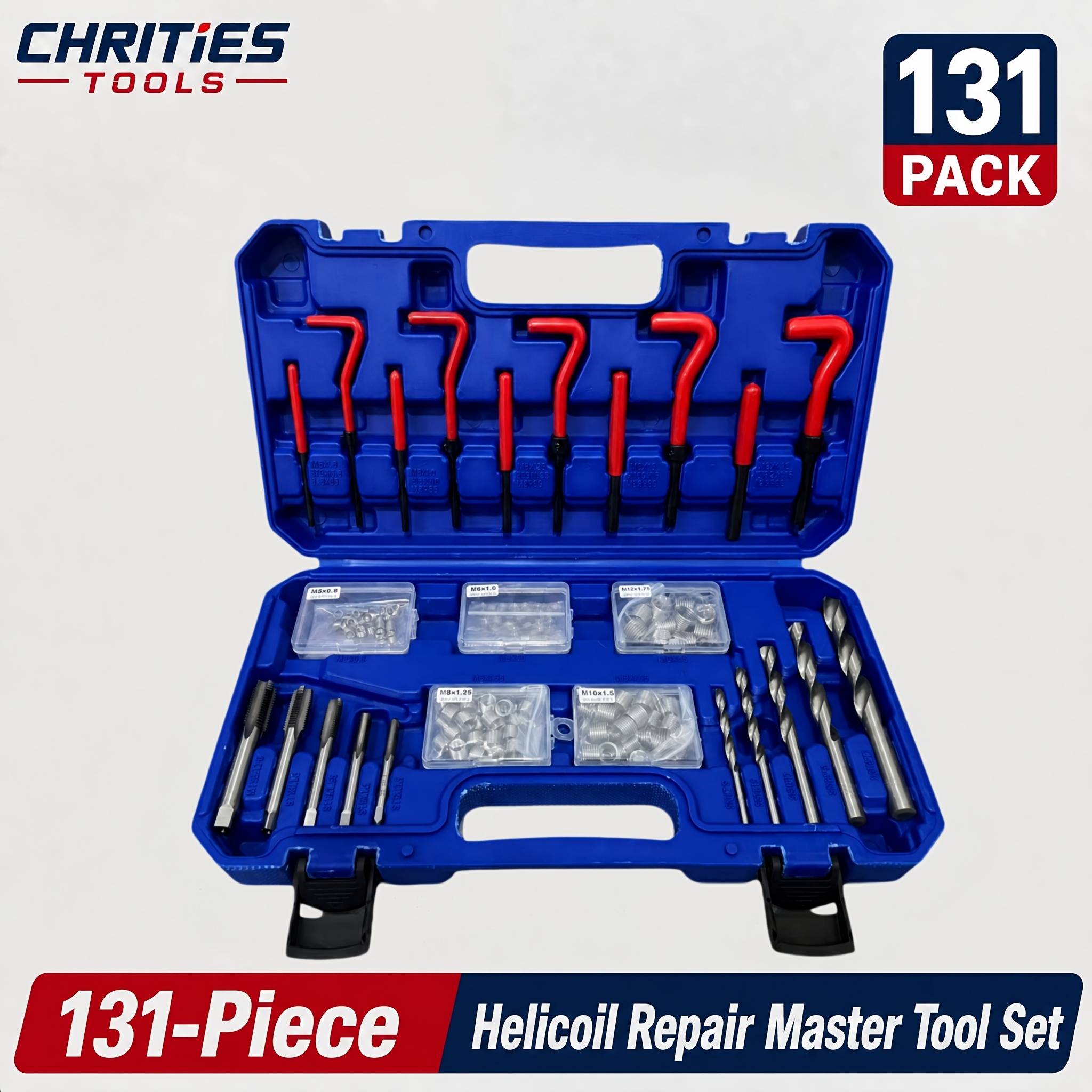 TEMU Chrities Tools Kit de réparation de filetage professionnel 131 pièces, ensemble d'outils de forets hélicoïdaux, avec inserts de filetage, forets