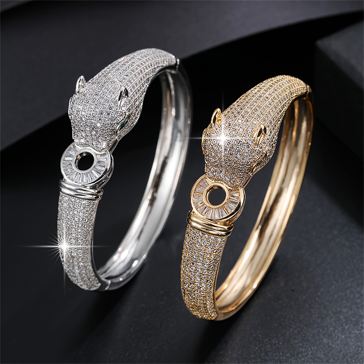 

Vintage Luxury Panther Head Bangle - Micro-pave Zircon Inlay, Copper, For Women - Suitable For Weddings And Banquets