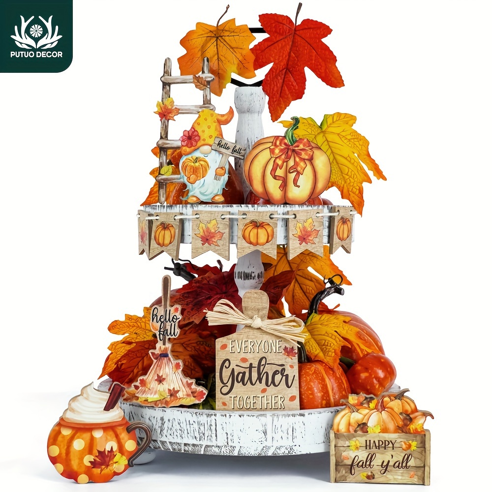 

Putuo Decor Thanksgiving Fall Tiered Tray Decor, 12pcs Happy Fall Y'all Sign, Farmhouse Hello Fall Decorations For Home, Maple Pumpkin Gnomes Autumn Wood Signs For Thanksgiving Holiday Table Decor