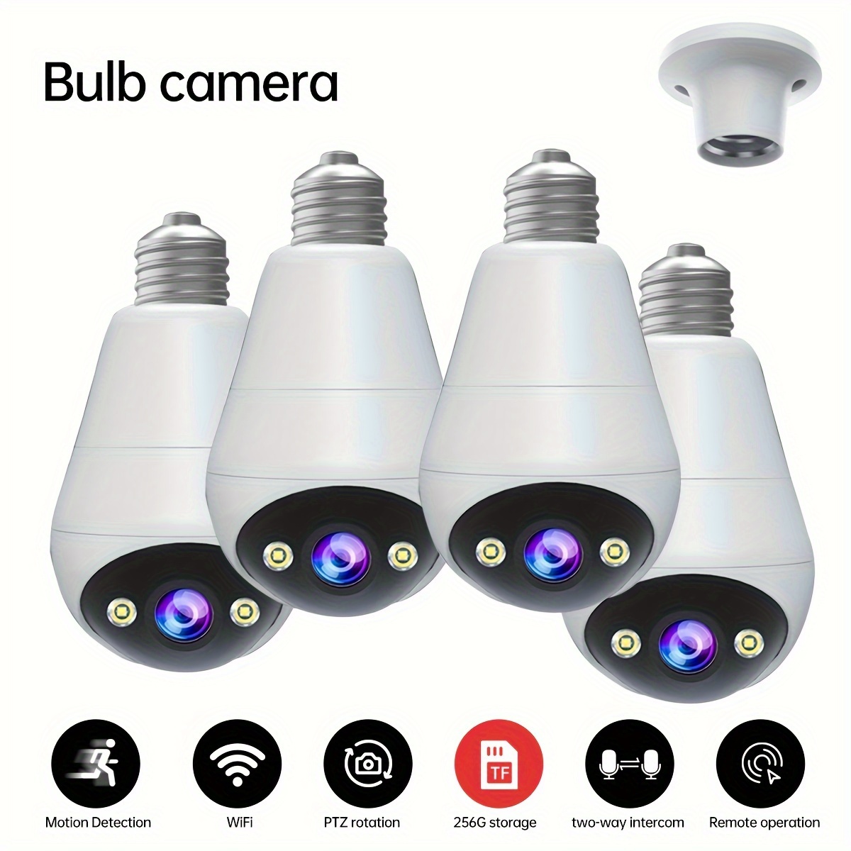 

4pcs 3mp Panoramic Ptz Rotation Light Bulb Wireless Security Camera With Motion Detection, Full Color Night Vision, And Two-way Voice Call