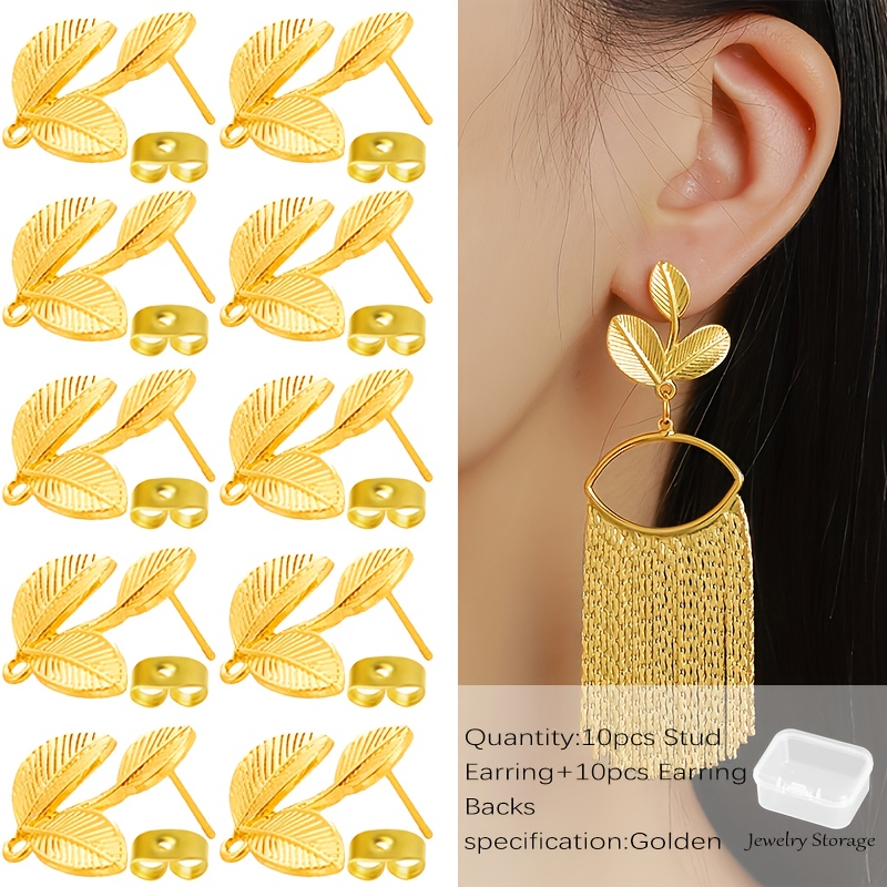 TEMU Personalized Minimalist Leaf-shaped Ear Studs Set, 10sets (10pcs Studs + 10pcs Earring Backs), With Hanging Holes For Basic Connecting Additions