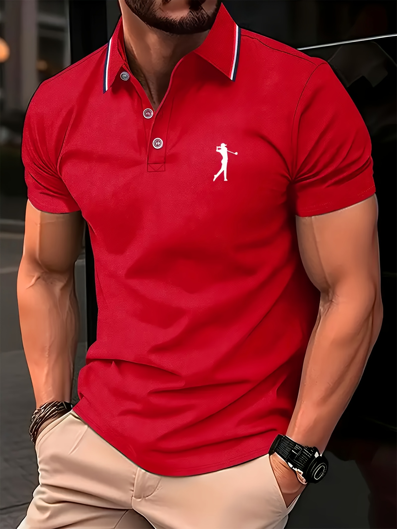 Men's Short Sleeve Shirt - White with Red Golf Print, Striped Collar & Cuffs, Breathable Summer Golf & Casual Wear, Machine Washable Regular Fit, Durable Fabric
