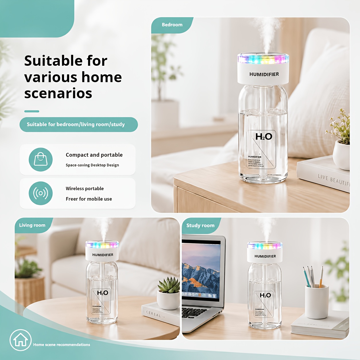 Image of 7-color Led Humidifier And Diffuser, Usb Powered Mist Humidifier With Ambient Light, For Bedroom, Living Room, Office Desk & Car, Autumn Gift