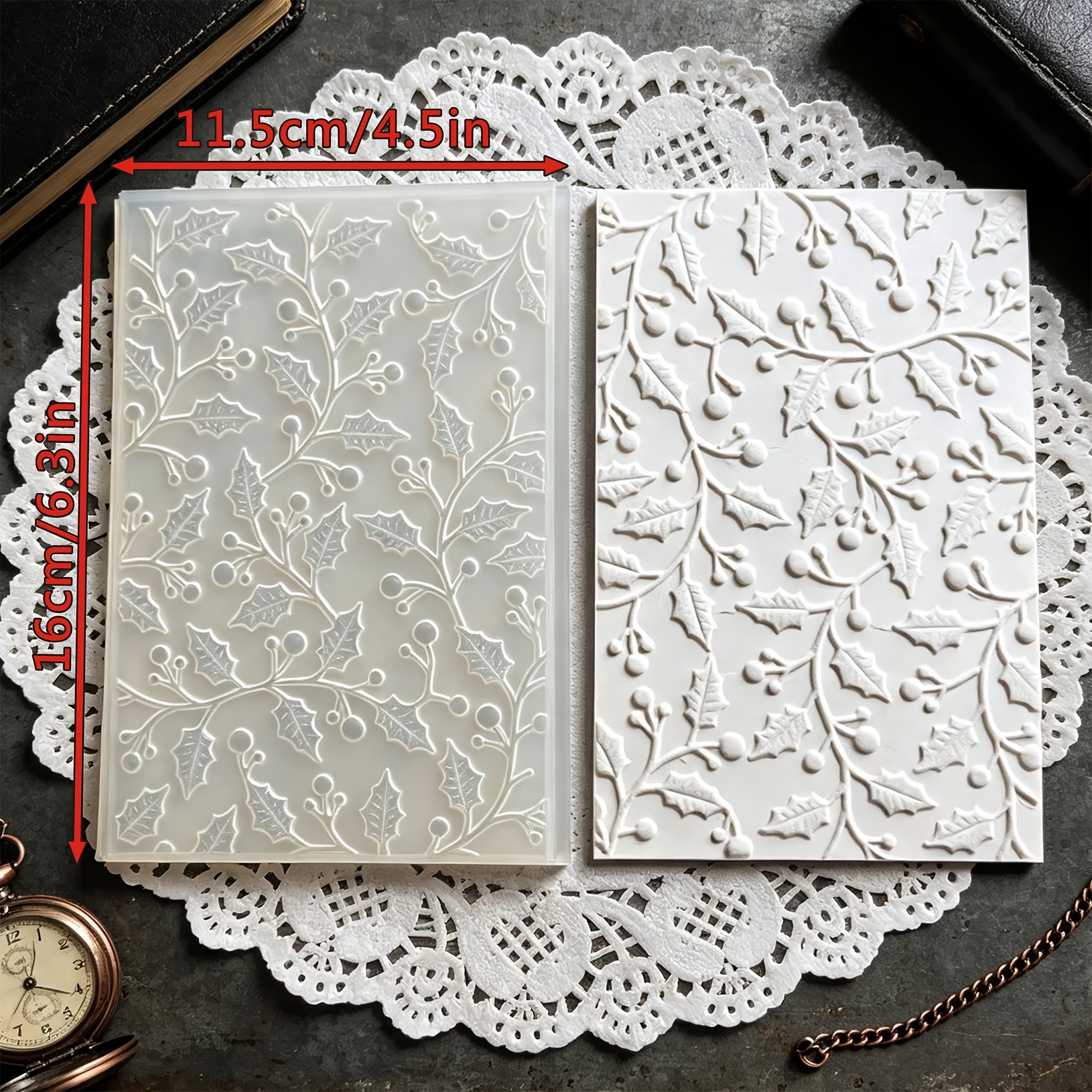 TEMU Feuilles de houx éparpillées, combinaisons de , planche gaufrée convexe, ambiance de Noël, moule de base pour cartes de vœux