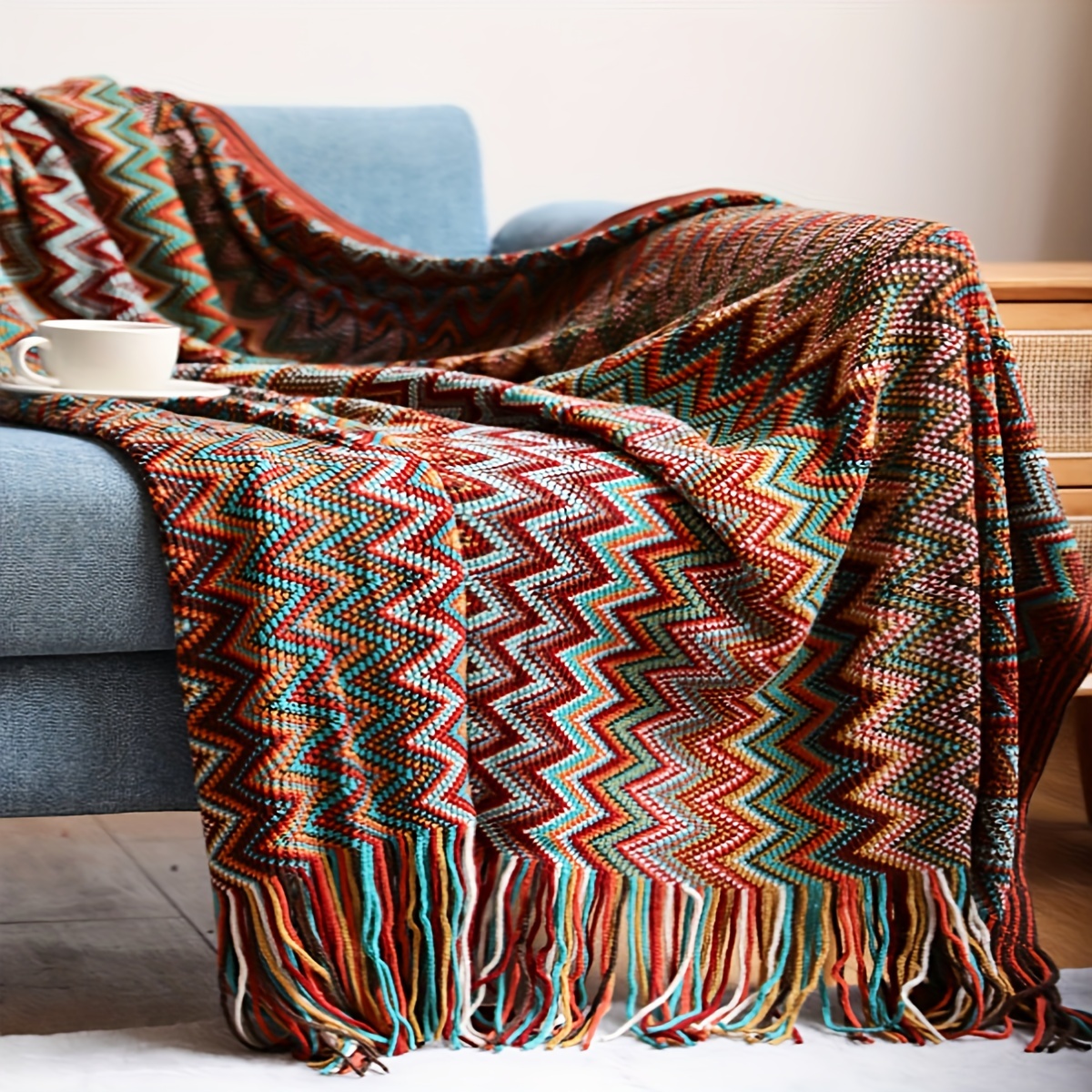 

Bohemian Knitted Throw Blanket With Tassels - 100% Polyester Decorative Striped Fringe Throw For Couch, Chair, Travel - All-season Boho Chic Home Decor Sofa Blanket - 1pc