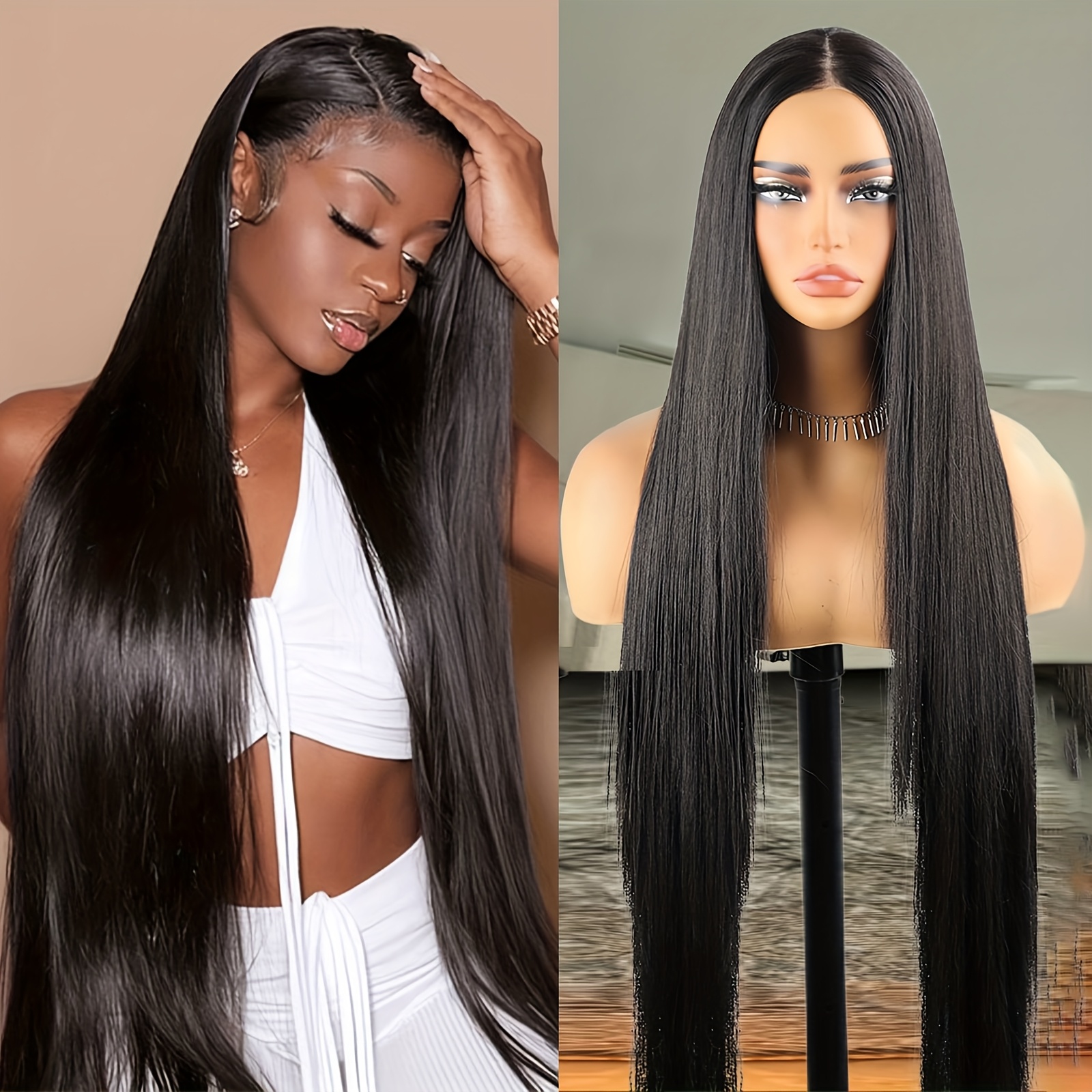 TEMU 40" Long Straight Black Lace Front Wig For Women - Natural-looking Synthetic Hair, 180% Density, , Versatile Style For All , Hair Wig, Queentas