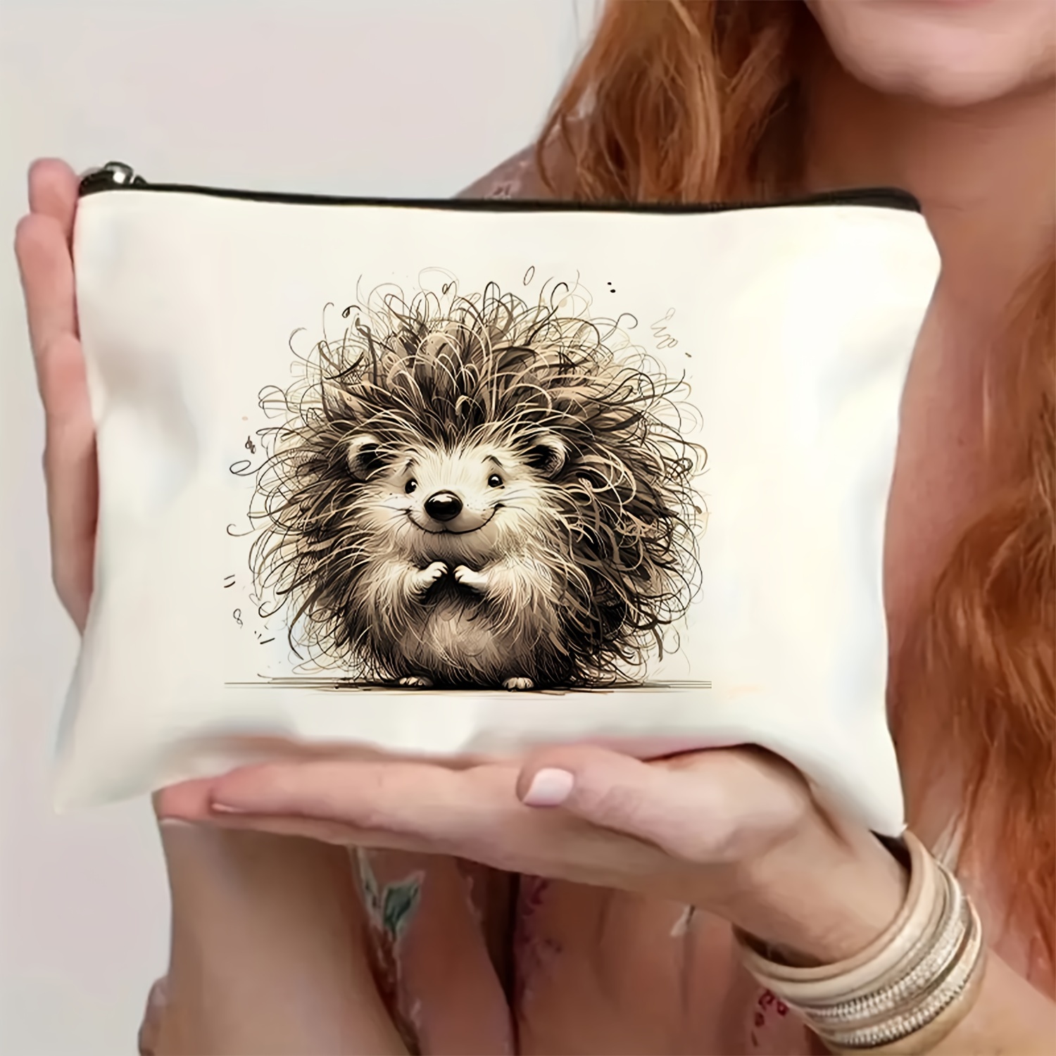 

Waterproof Polyester Cosmetic Bag With Double-sided Hedgehog Print - Large Capacity, Durable Makeup Pouch For Travel, Gifts For Hedgehog Lovers, Unisex Adult Portable Make Up Organizer, 1pc