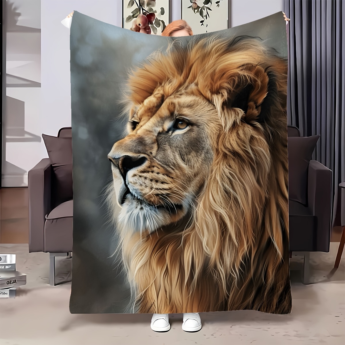 

1pc Luxurious Lion Print Flannel Blanket, Contemporary Style, Mixed Colors, Polyester, , Machine Washable, , Durable, Thick 200-250g, , , Cozy Nap & Travel Throw For Bed, Sofa, Car, Home Decor