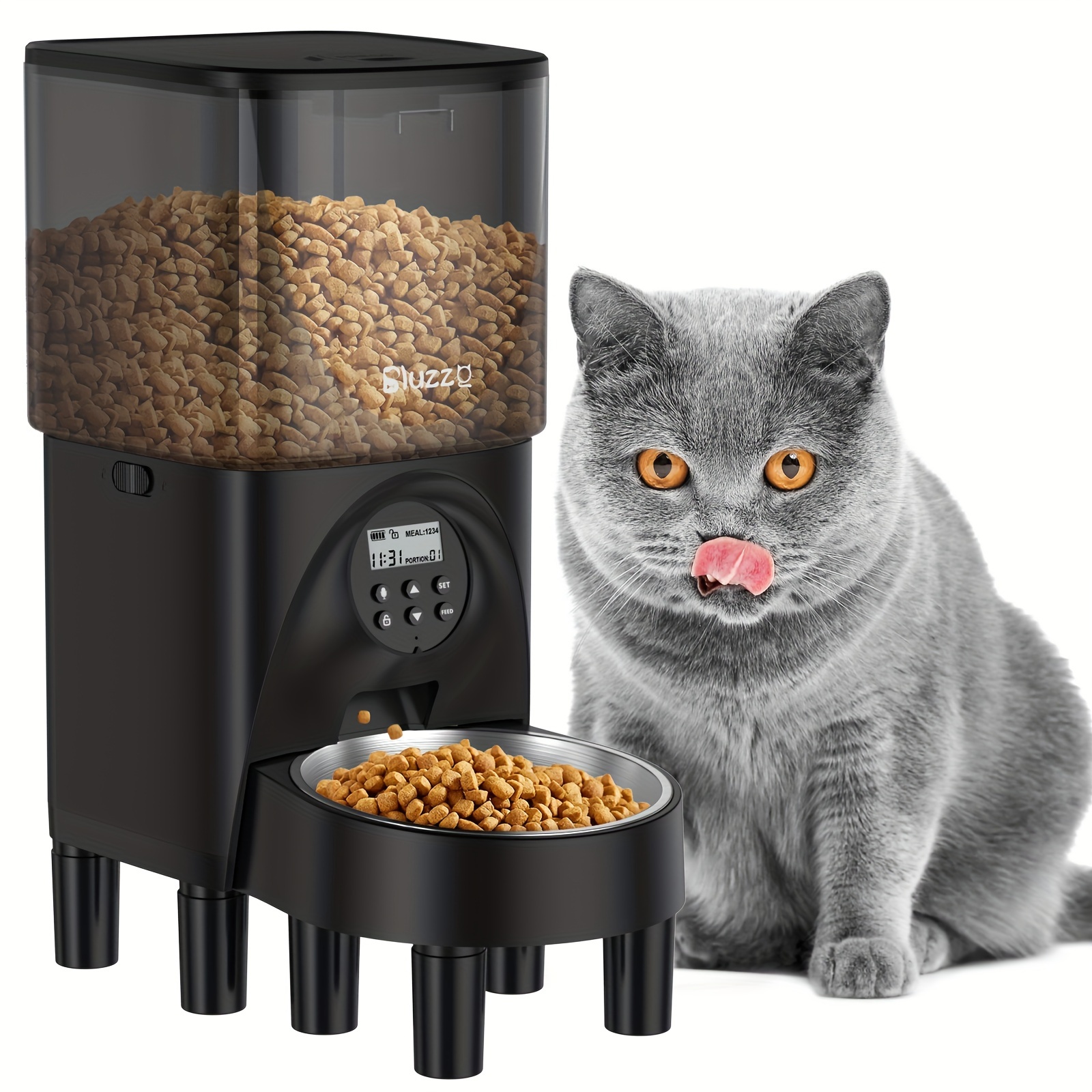 

Automatic Cat Feeders With Stainless Steel Bowl, Timer Cat Food Dispenser Heighten , Pet Feeder With Desiccant Bag, Voice Recorder, Black