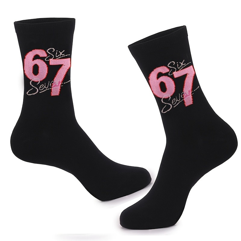 Image of 1 Pair Cartoon Pink Number 67 Socks | Retro Style 67, Hip-hop Novelty, Fun Party Gift, Unisex, Fabric