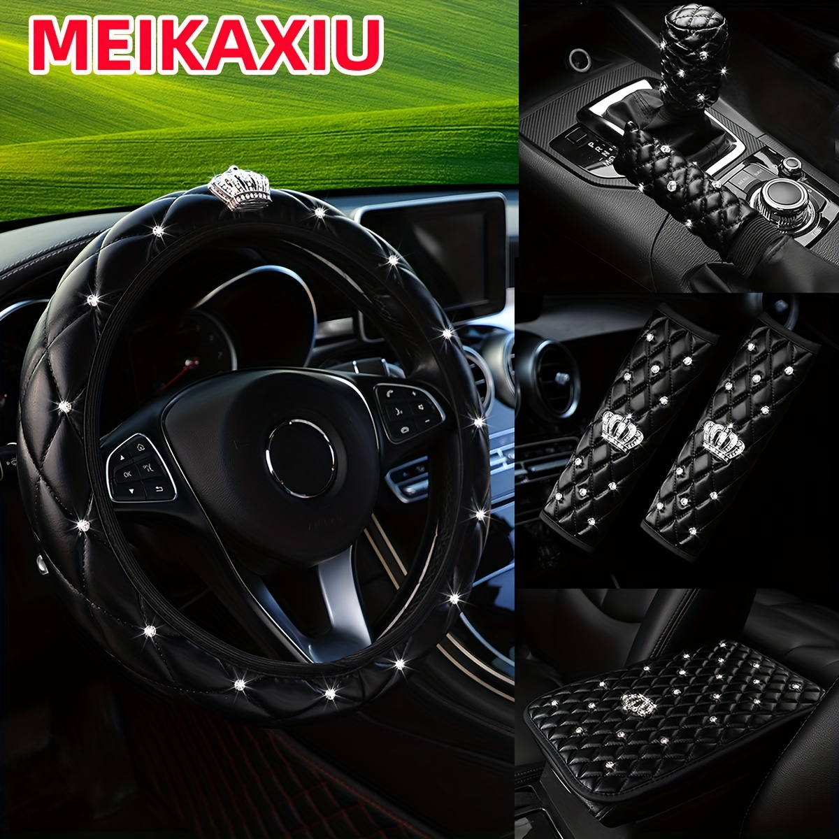 

6pcs Meikaxiu Accessories Set, Embroidered Stretchable Bling Crown Steering Wheel Cover, Armrest, Gear Shift, And Covers, Knit Fabric, Universal