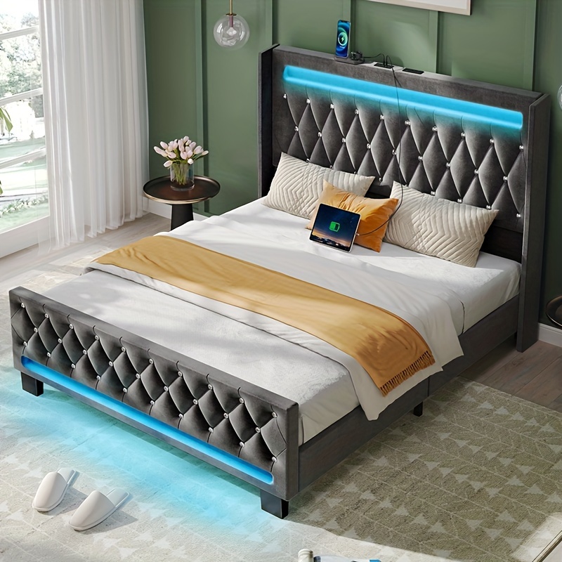 

Upholstered Bed Frame High Headboard And Footboard With Usb & Type-c , Rgb Led Lights, Strong Wooden Slat Support, Spring Required, Noise-free, Easy